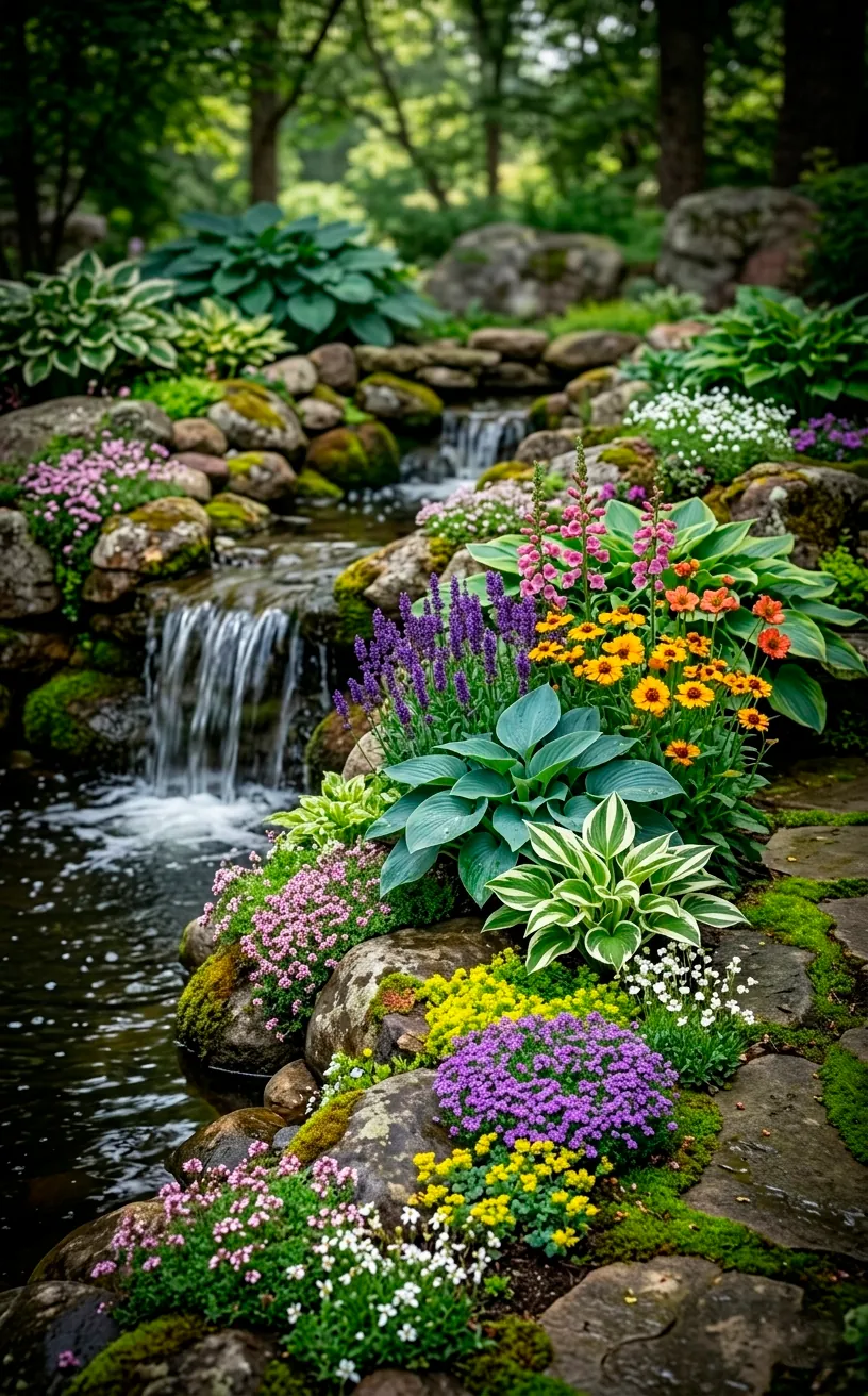 Perennial flowers and hostas planted around a stone waterfall edge.