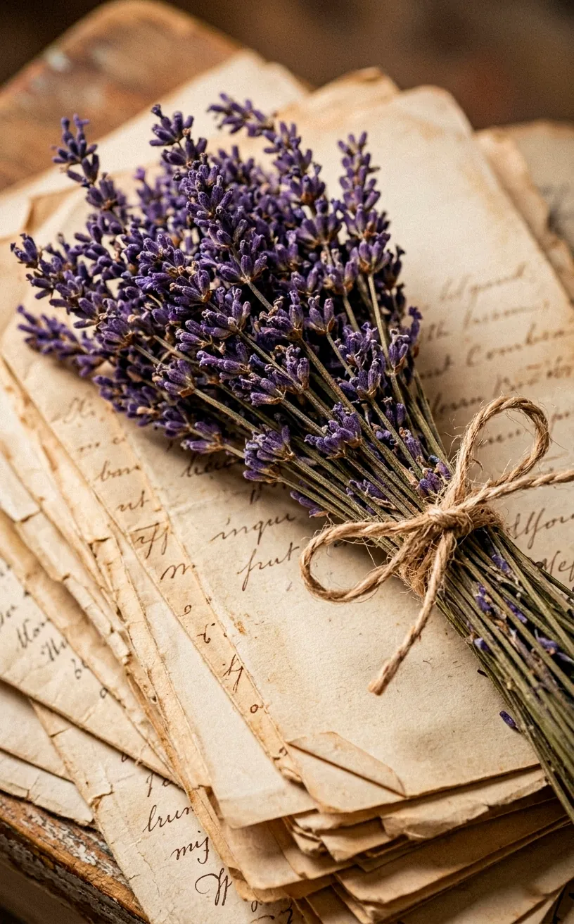 Dried lavender bundle tied with twine on top of old vintage letters.