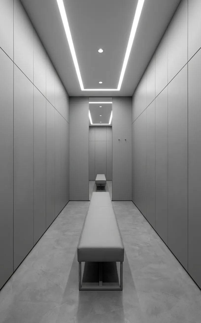 Minimalist grey built-in wardrobes with a seamless, handle-less design.