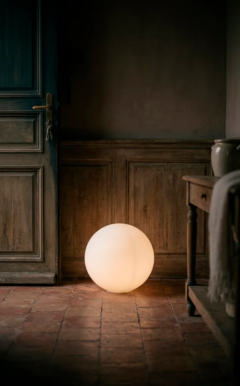 Soft diffused light from a milk glass globe in a cozy, dim entryway.