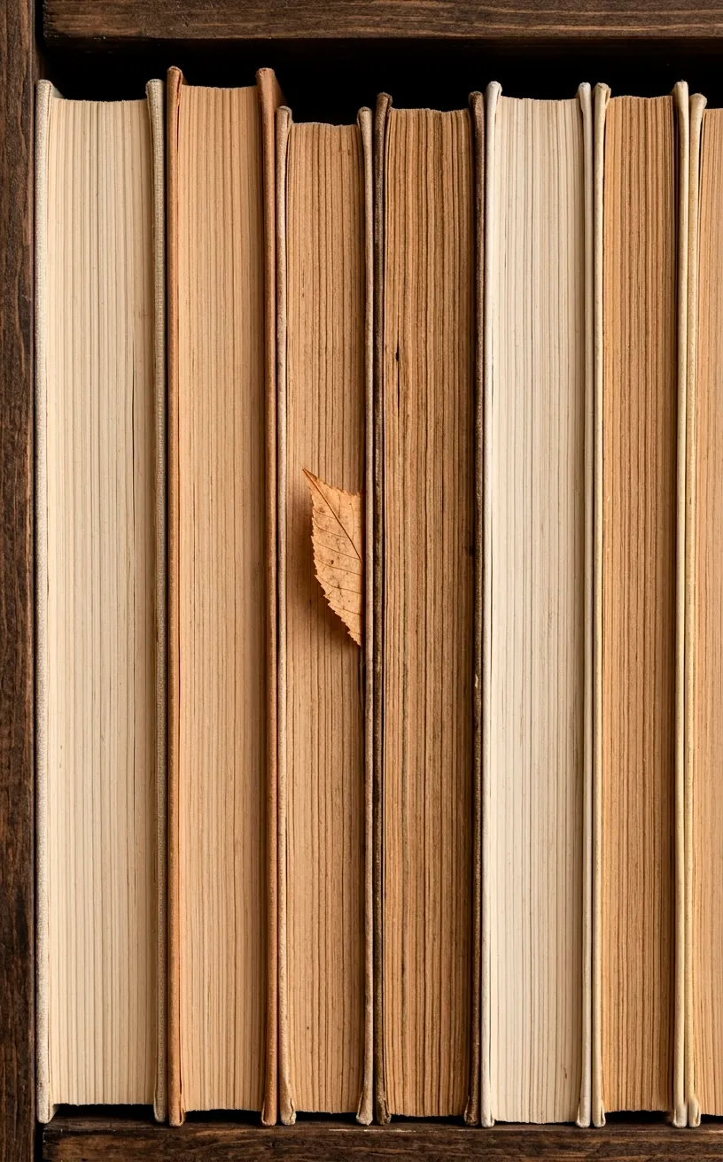 Books on a shelf with pages facing out, showing cream and tan textures.