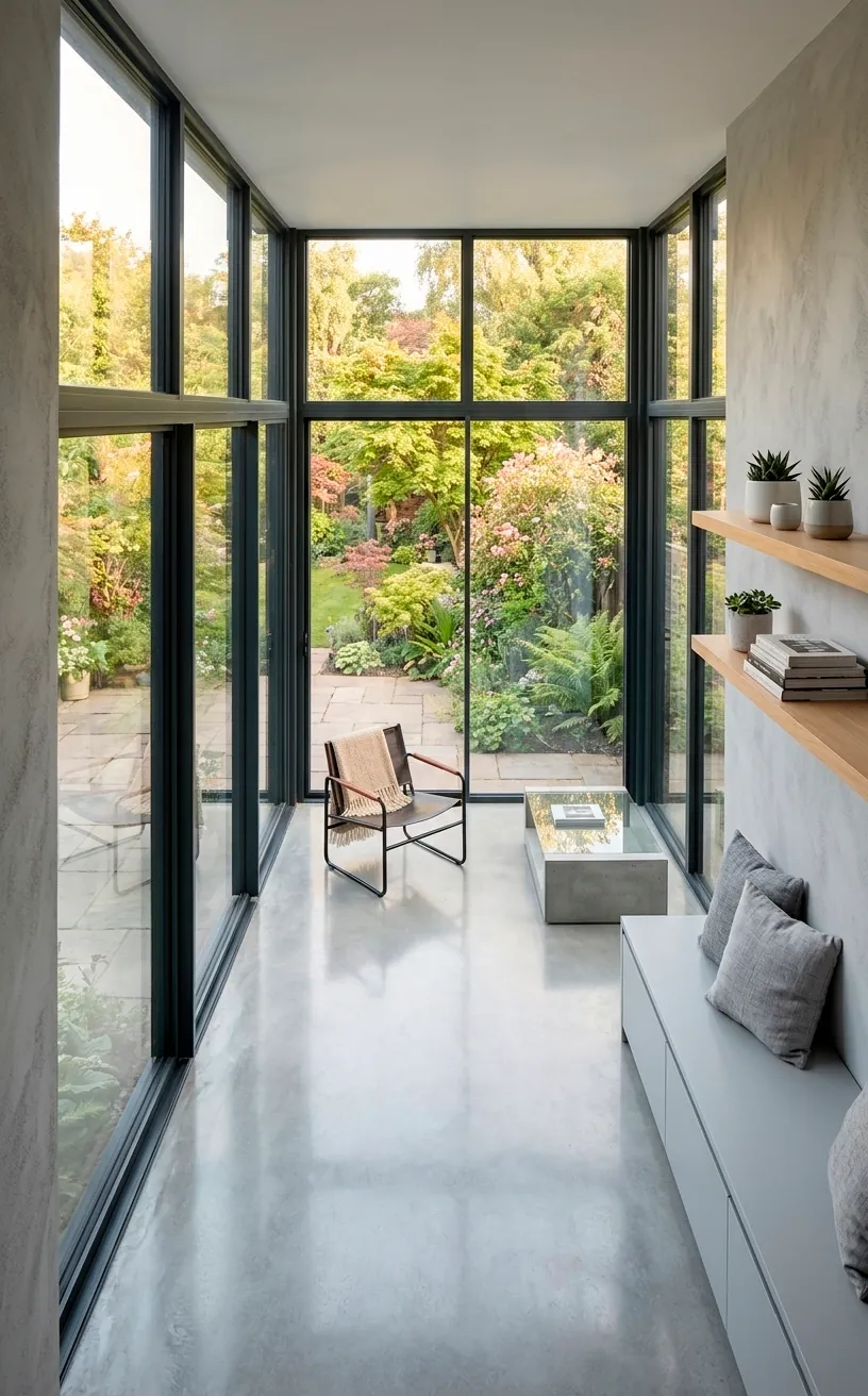Sunroom with polished concrete floors and matching grey walls for a seamless look.