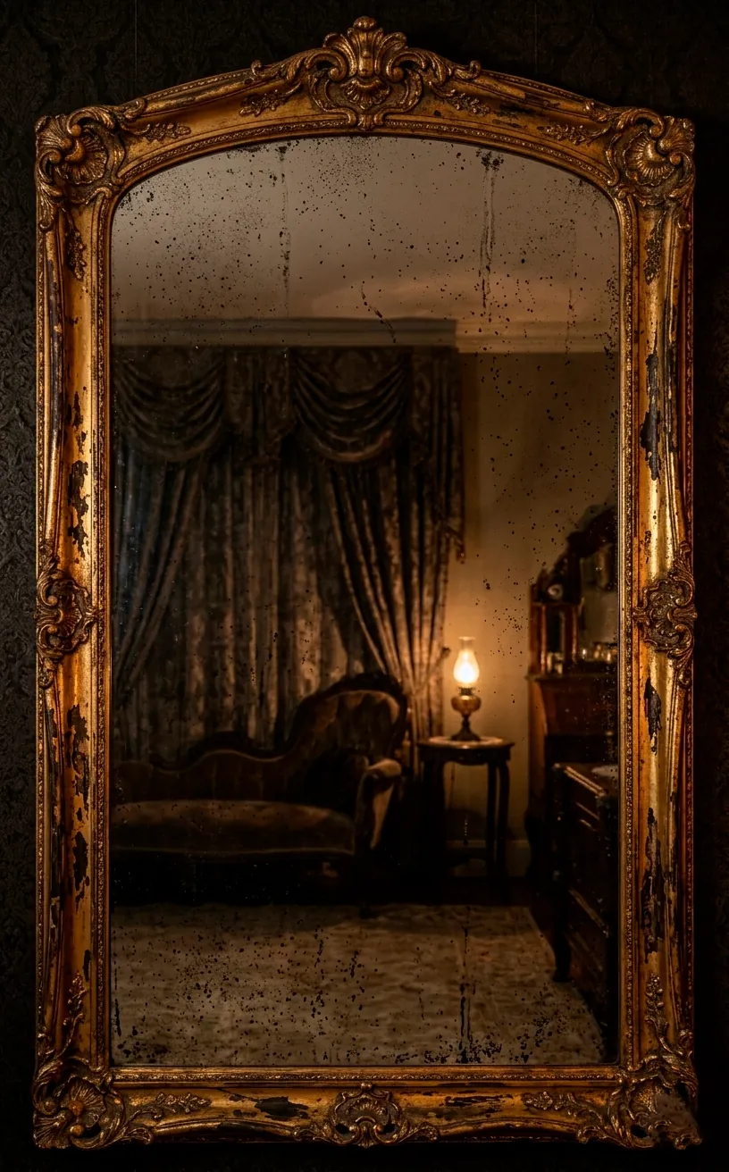 Large ornate mirror with distressed glass in a moody room.