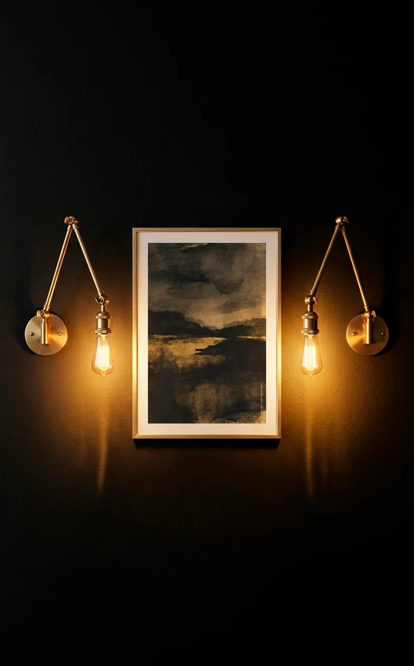 Brushed brass swing-arm wall sconces mounted on a black wall with warm glowing light.
