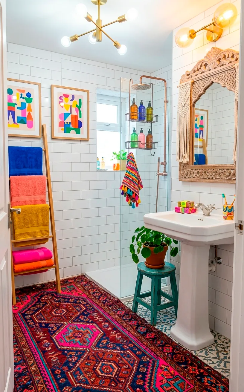 Traditional kilim rug with neon pink accents in a playful white tile bathroom.