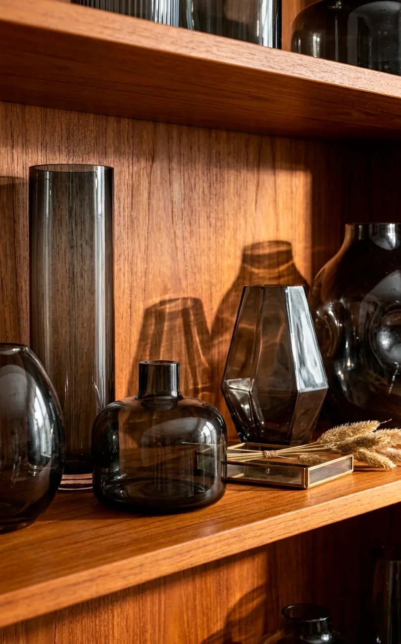 Smoked glass decorative vases on a vintage teak bookshelf.