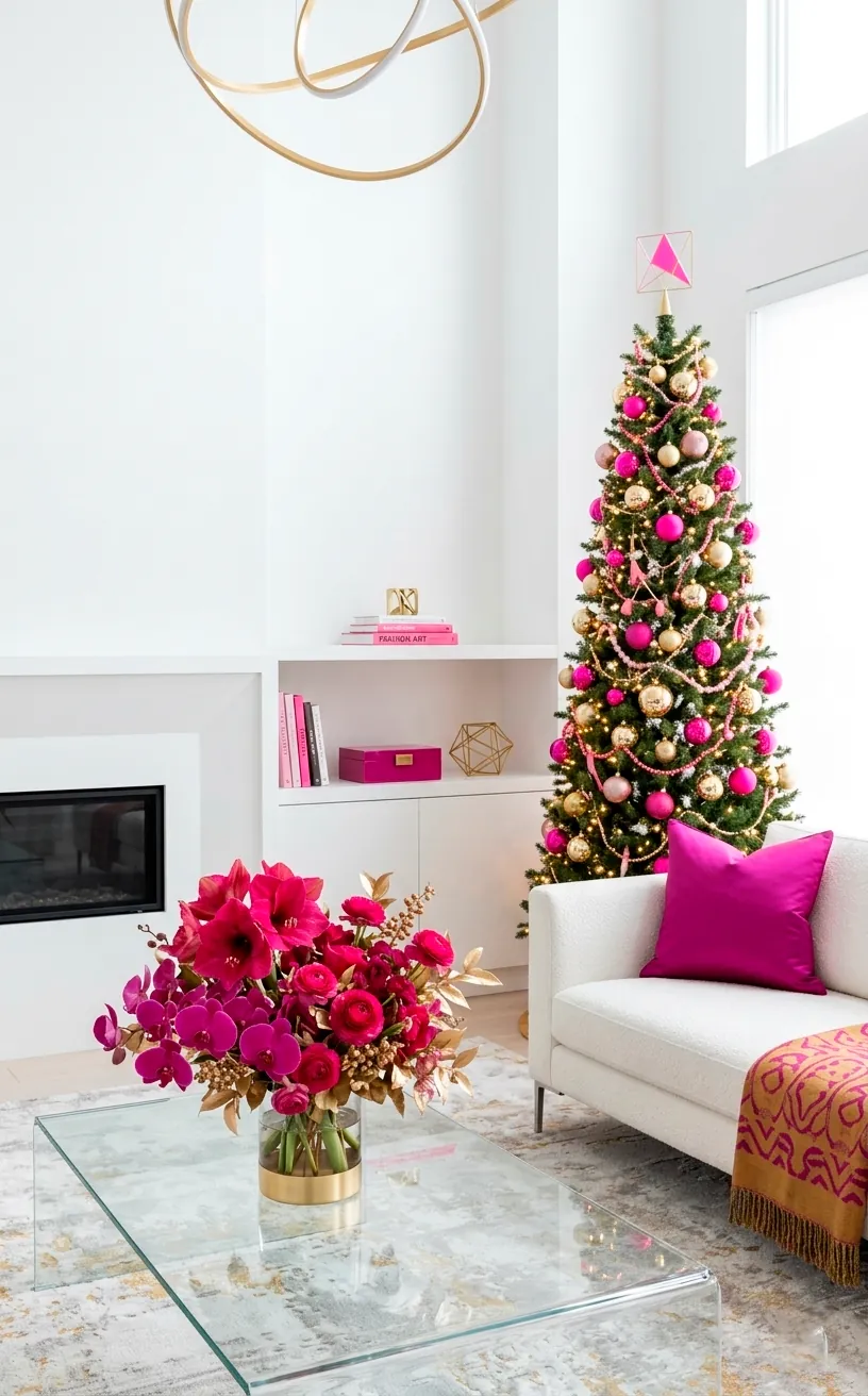 Modern living room with bold magenta and fuchsia holiday decorations and hot pink ornaments.