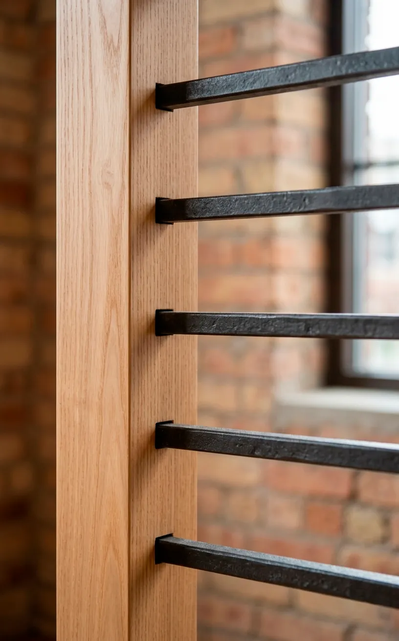 Detail of horizontal iron rods integrated into an ash wood staircase post.