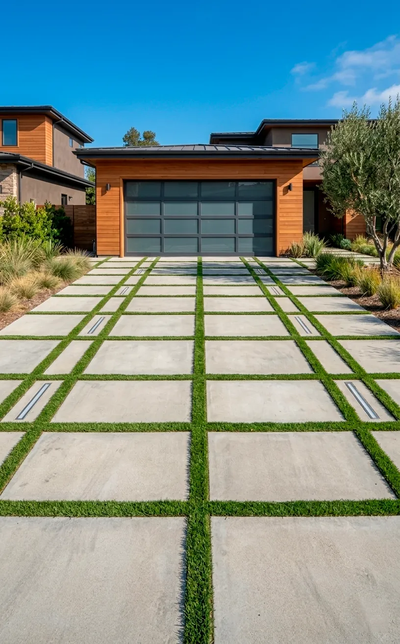 Modern driveway with square pavers and grass strips in a grid pattern.