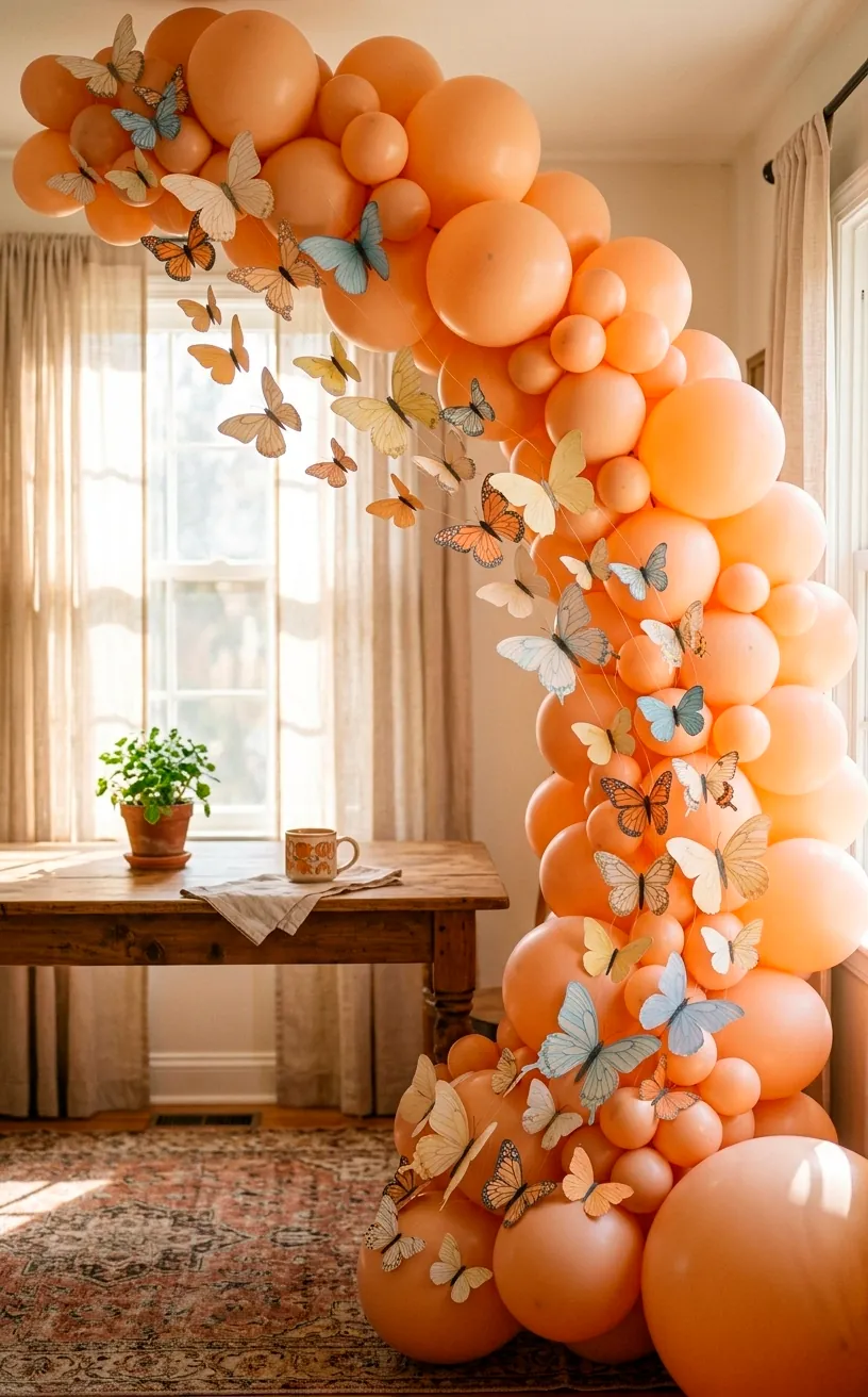 Peach balloon arch decorated with many colorful paper butterflies for Mother's Day.