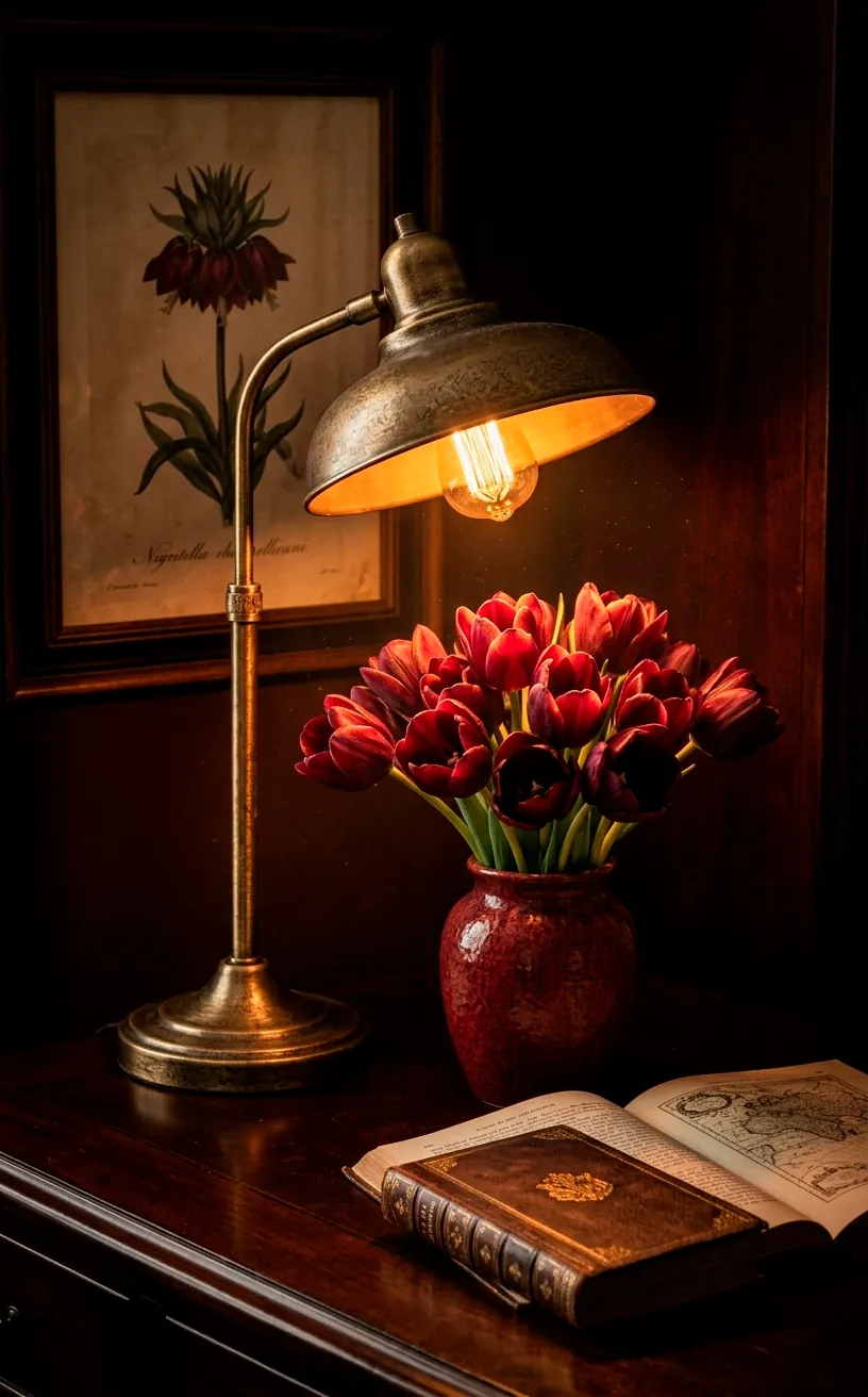 Vintage brass lamp illuminating dark red tulips in a moody bedroom.