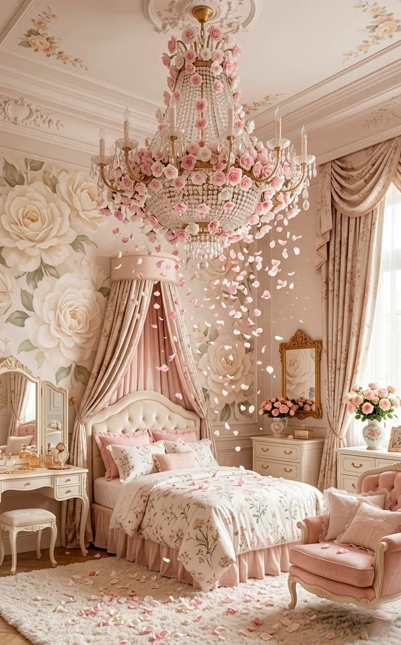 Porcelain floral chandelier with pink petals in a dreamy luxury girl's bedroom.