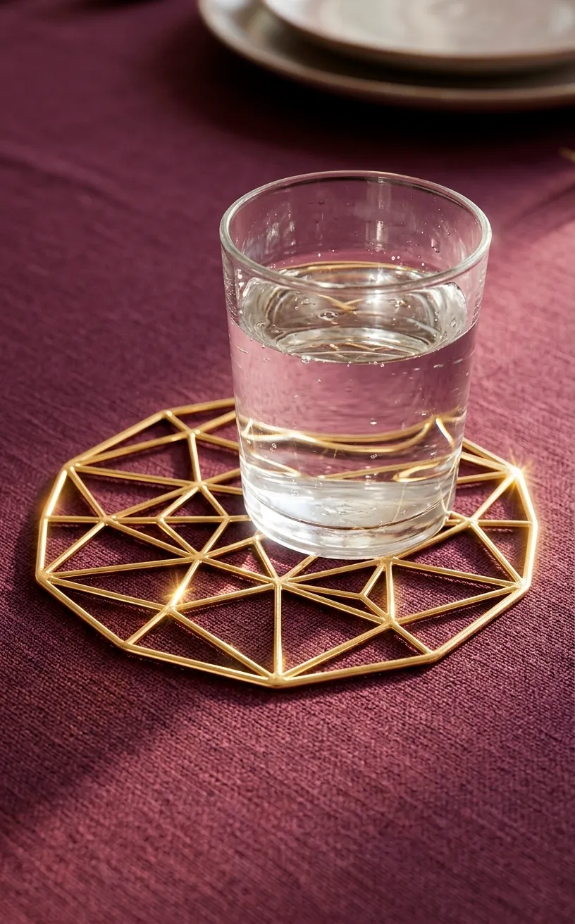 Gold geometric wireframe coaster on a deep plum tablecloth.