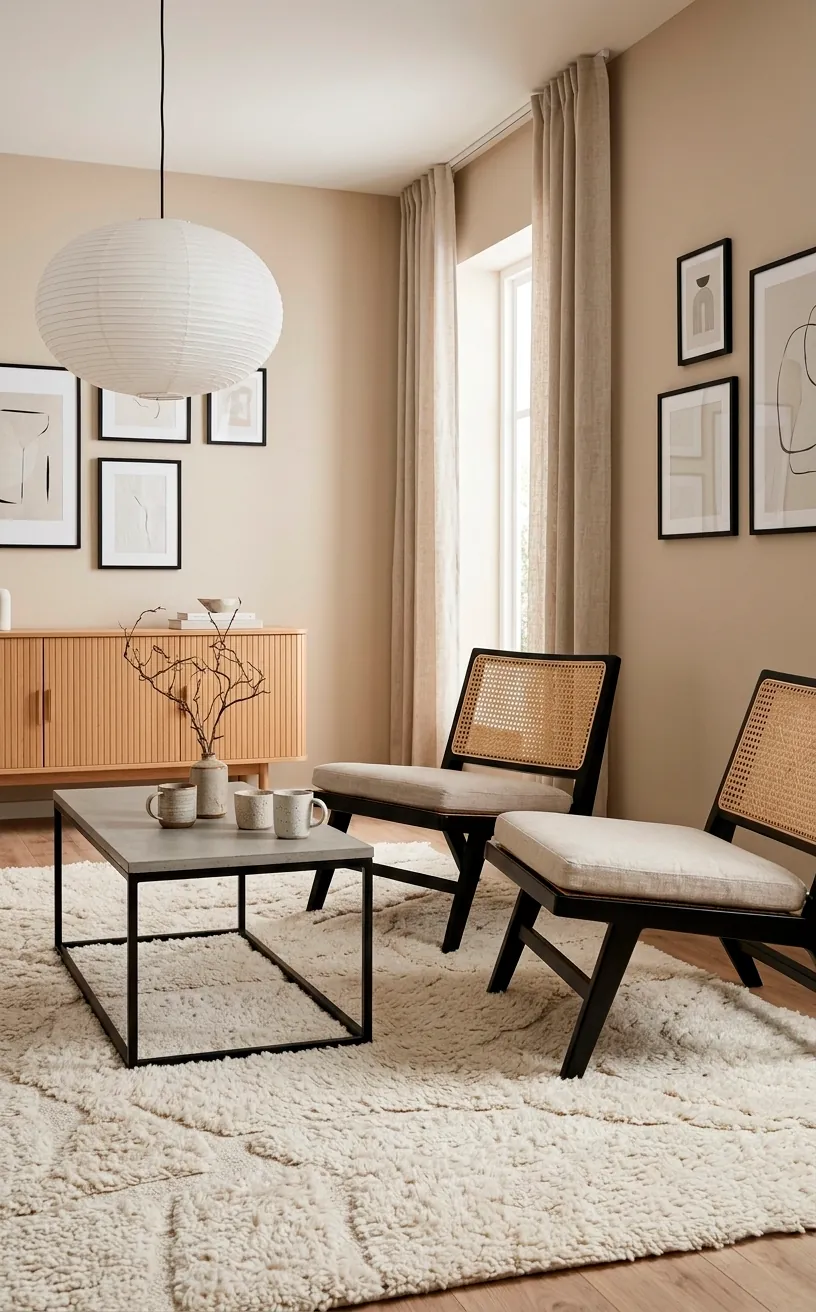 Modern Japandi interior with Accessible Beige walls and black accents.