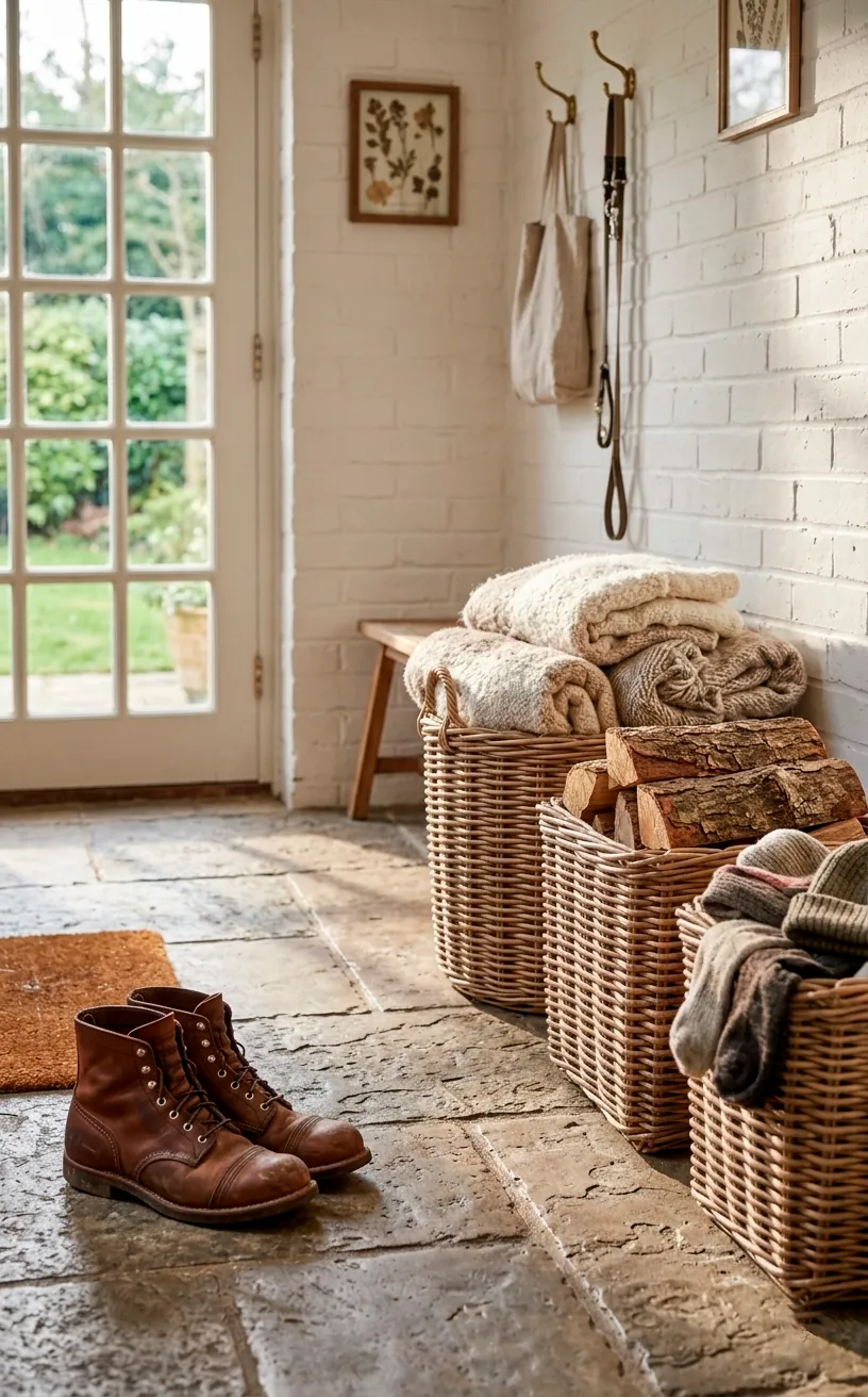 Large wicker baskets for storage in a rustic Mediterranean entryway.