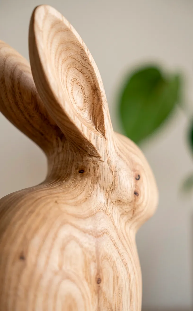 Macro shot of the wood grain on a minimalist bunny figurine, high-quality timber texture.