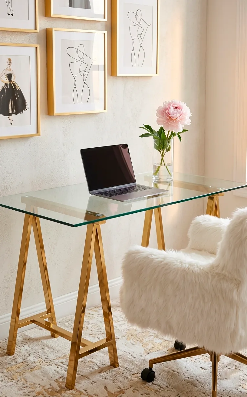 Minimalist glass desk with gold legs and a silver laptop in a chic, bright room.
