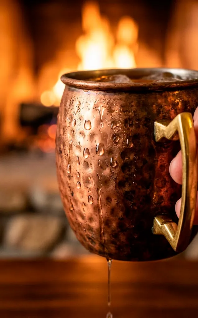 Close-up of condensation on a cold copper mug with a fireplace in the background.