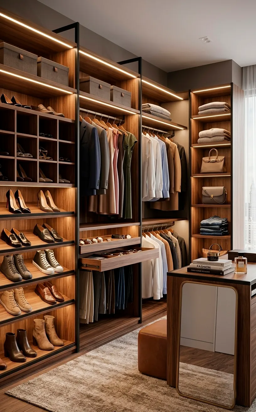 Open walk-in closet with integrated LED strip lighting on shelves and hanging rods.