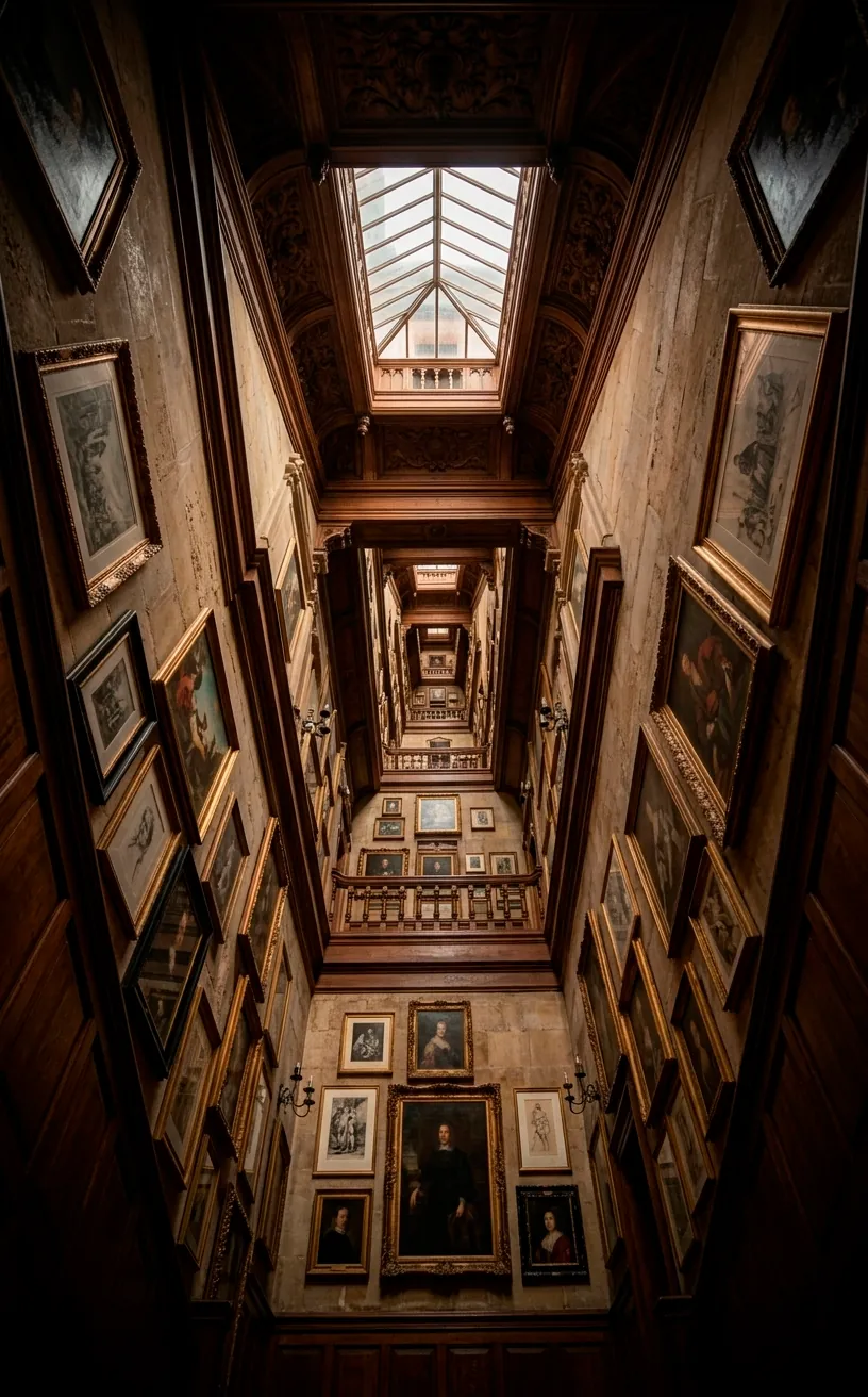 Low angle view of a vertical gallery wall stack reaching toward the ceiling.