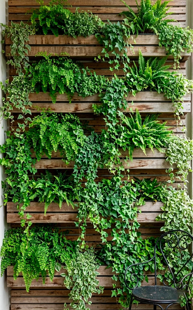 A lush vertical garden on a balcony wall with wooden slats and various green plants.