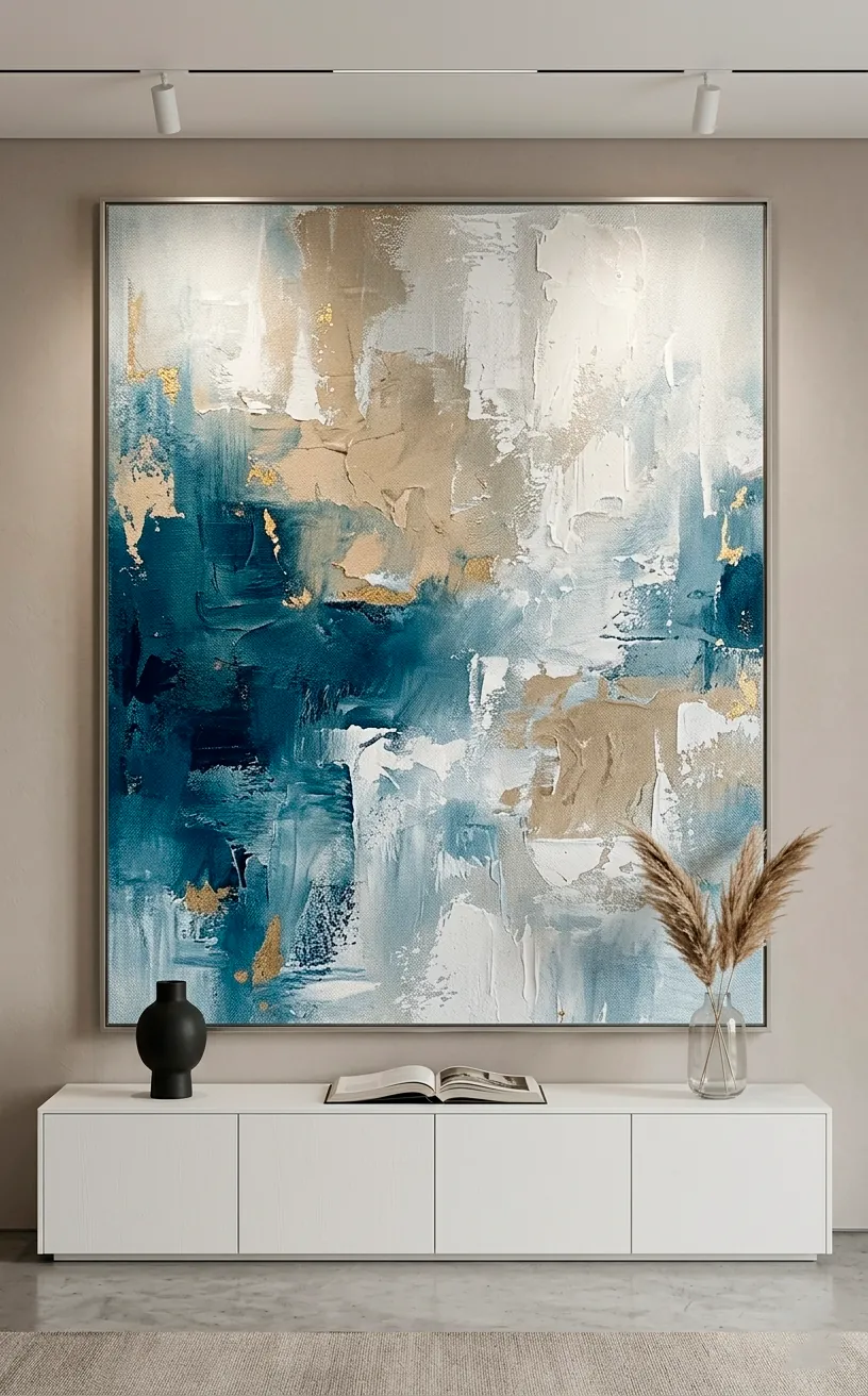 Oversized abstract coastal wall art hanging in a minimalist living room.