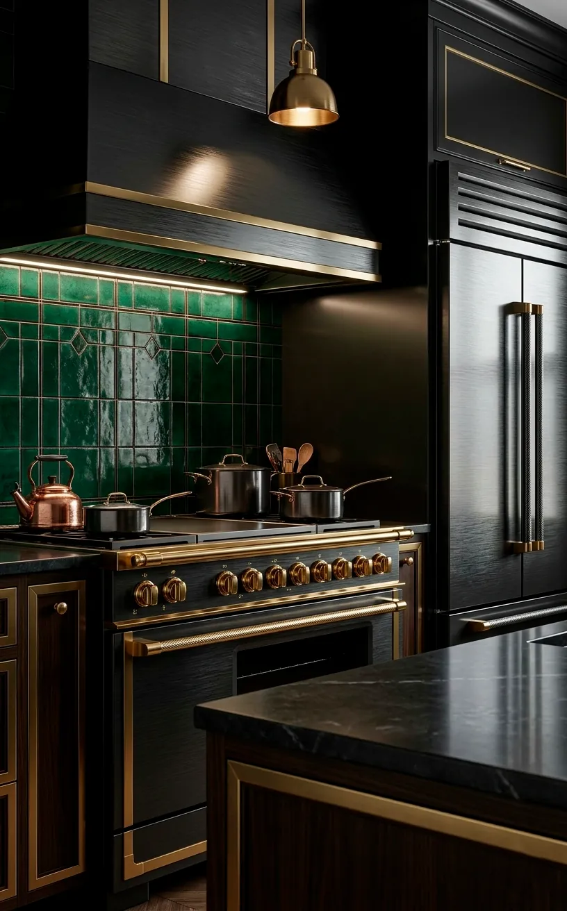 Black stainless steel range with gold knobs in an emerald green kitchen.