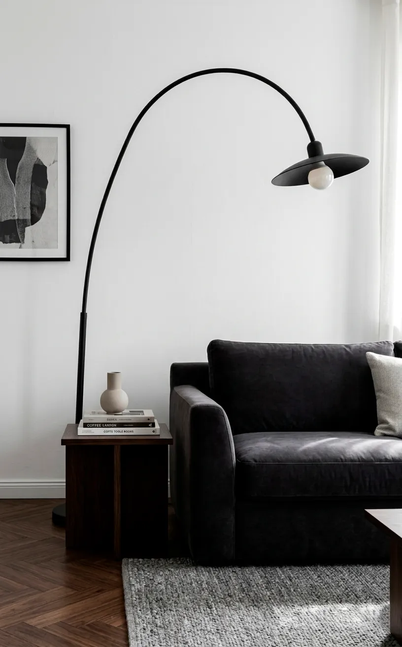 Matte black arched floor lamp in a moody mid-century modern living room.