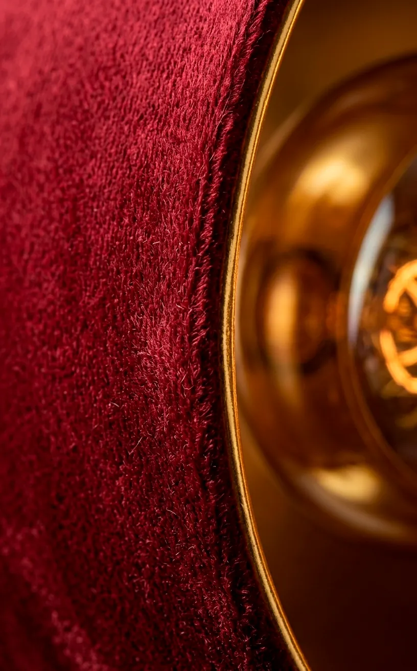 Close-up detail of a velvet lampshade with gold interior lining.
