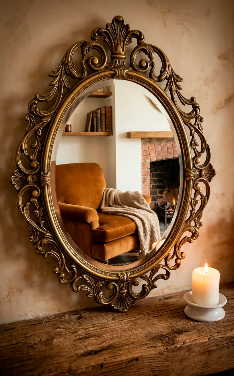 Detail of an ornate vintage mirror frame sitting on a rustic mantel.