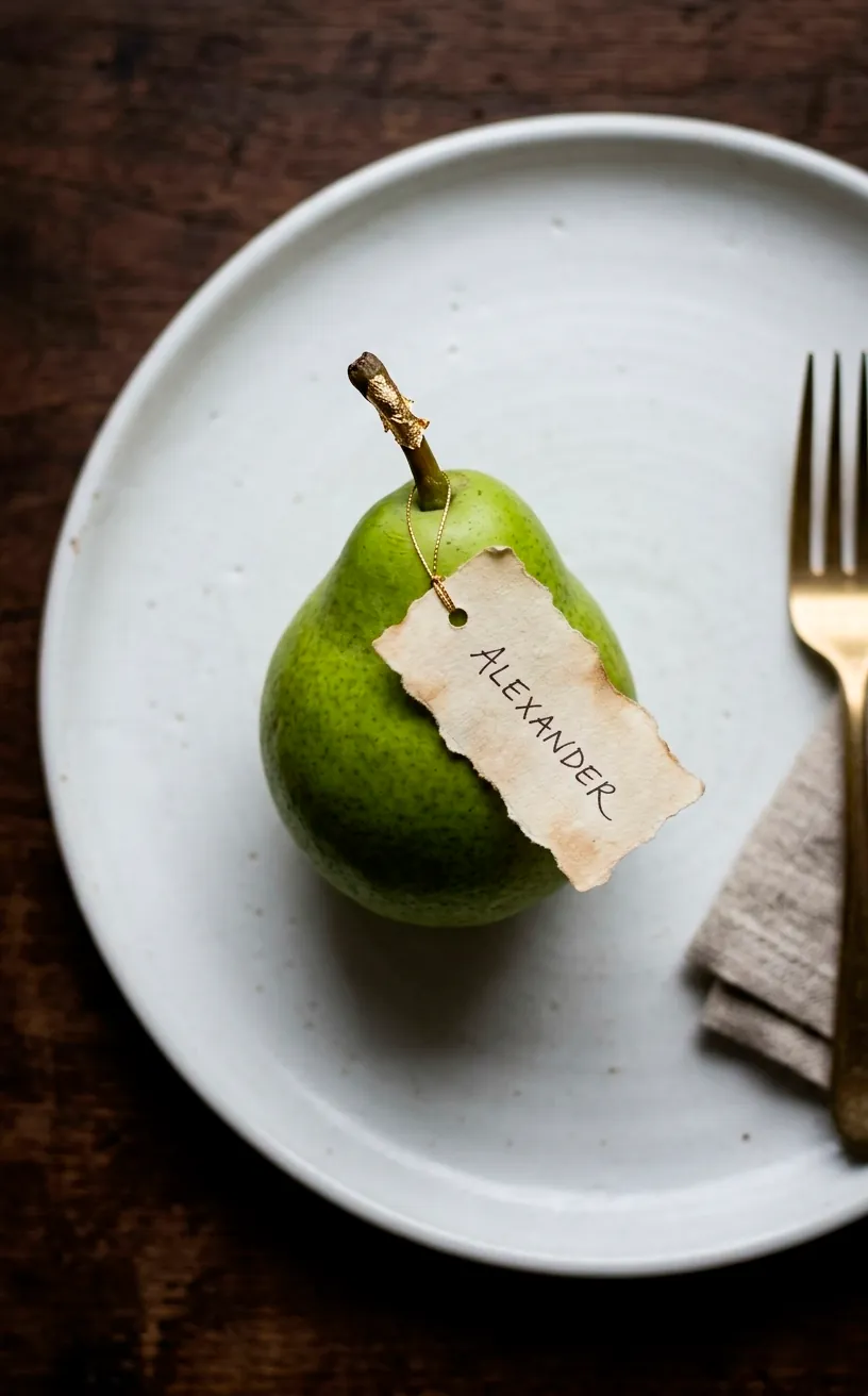 Detail of a green pear with gold leaf and a handwritten name tag on a plate.