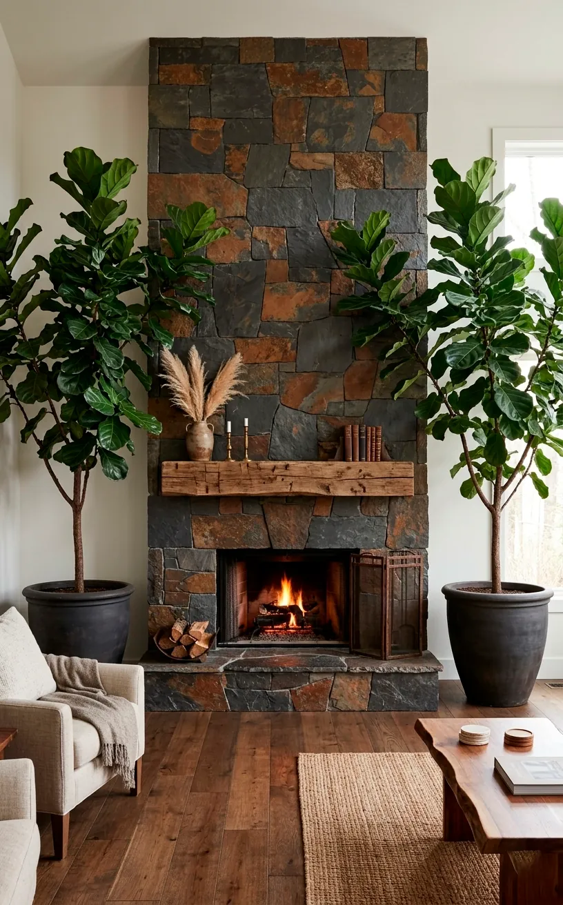 Floor-to-ceiling slate stone fireplace in a rustic biophilic living room.