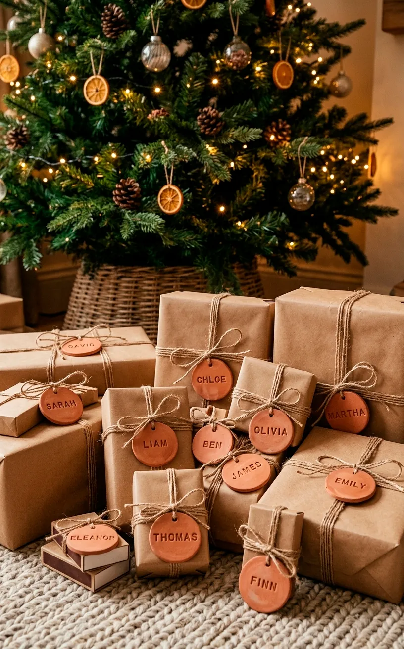 Gifts wrapped in brown paper with personalized terracotta clay gift tags.