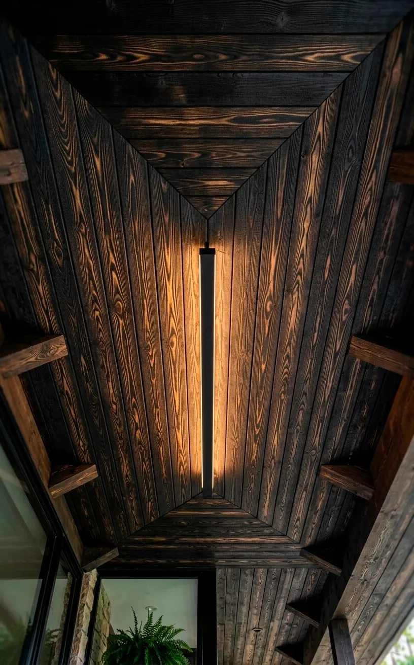 Charred wood ceiling on a modern outdoor porch.