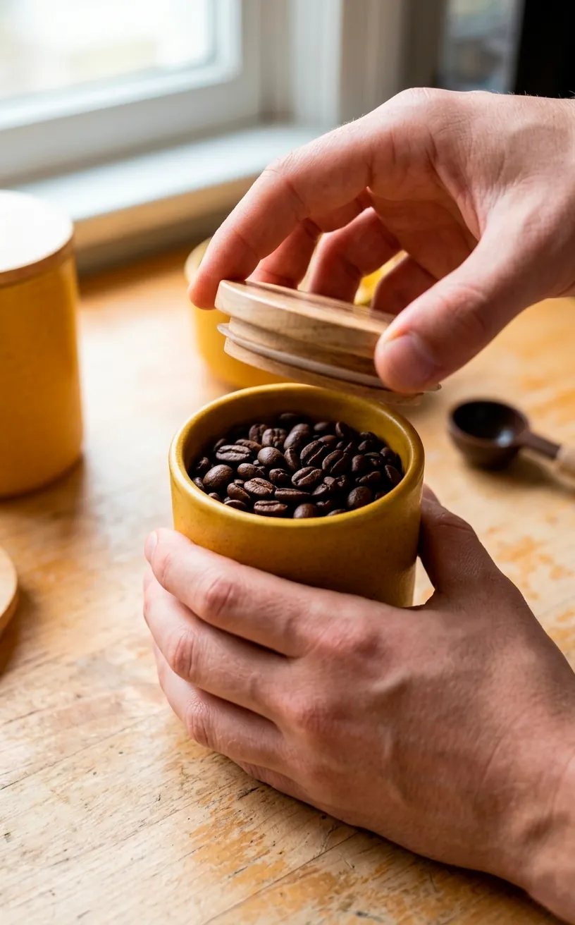 Detail shot of a mustard yellow canister with coffee beans and a wooden lid.