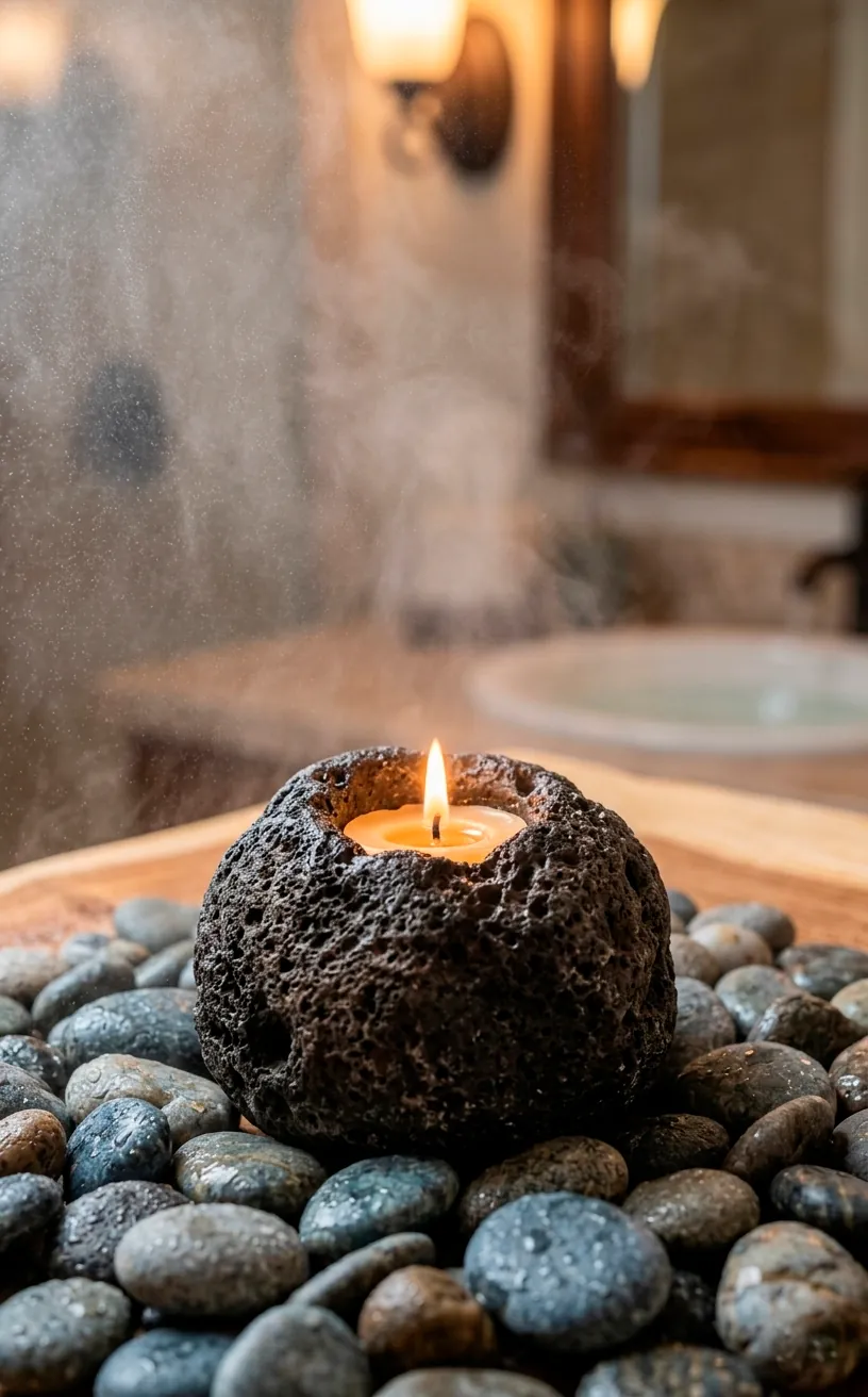 Earthy basalt stone candle holder with a tea light for a spa-like Valentine's vibe.