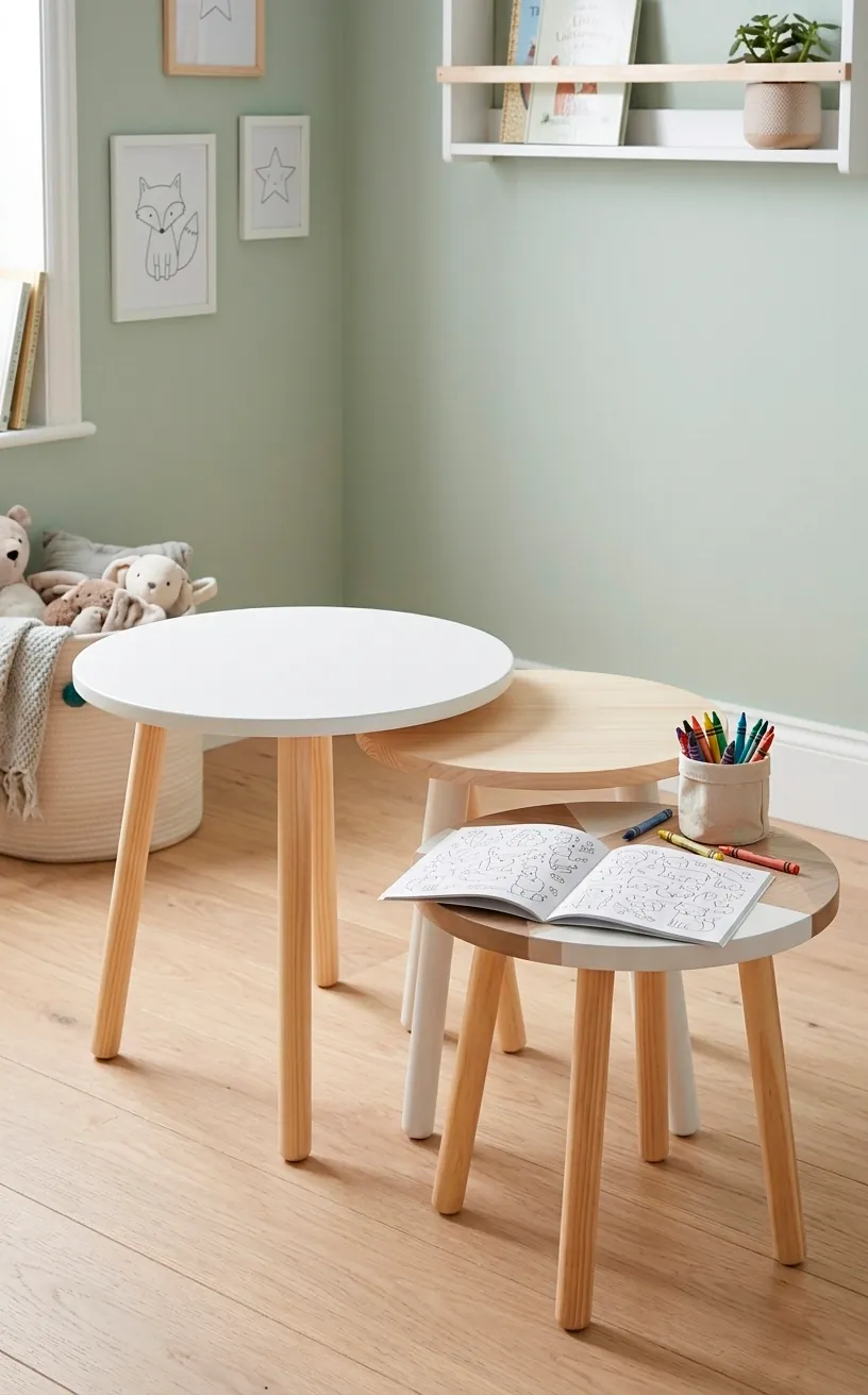 Set of three wooden nesting tables used for crafts in a kids room.