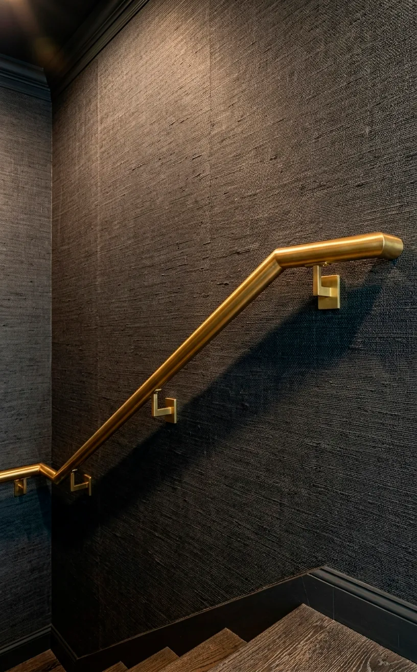 Charcoal grasscloth wallpaper on a staircase wall with gold accents.