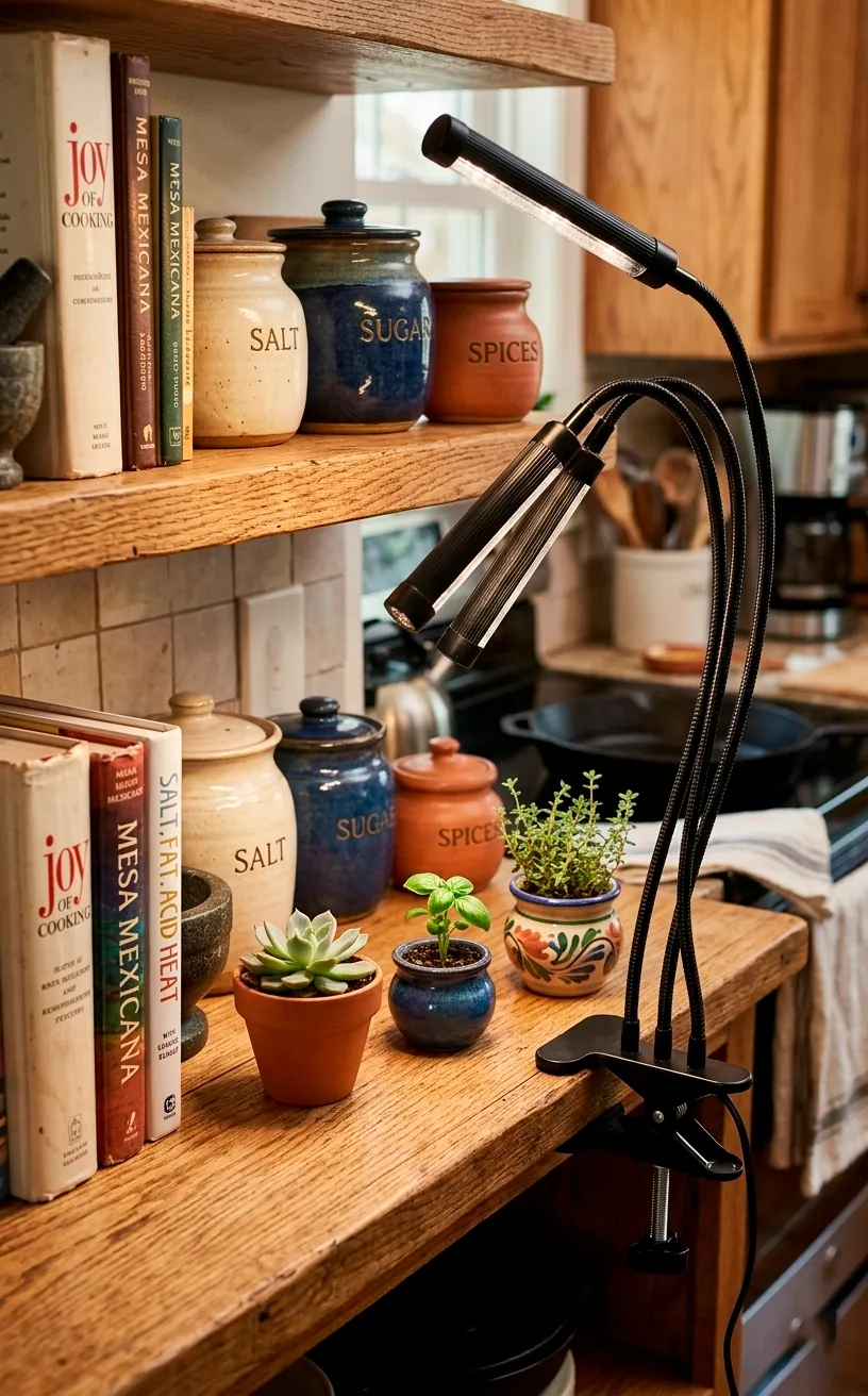 Triple-headed gooseneck grow light clamped to a kitchen shelf illuminating various plants.