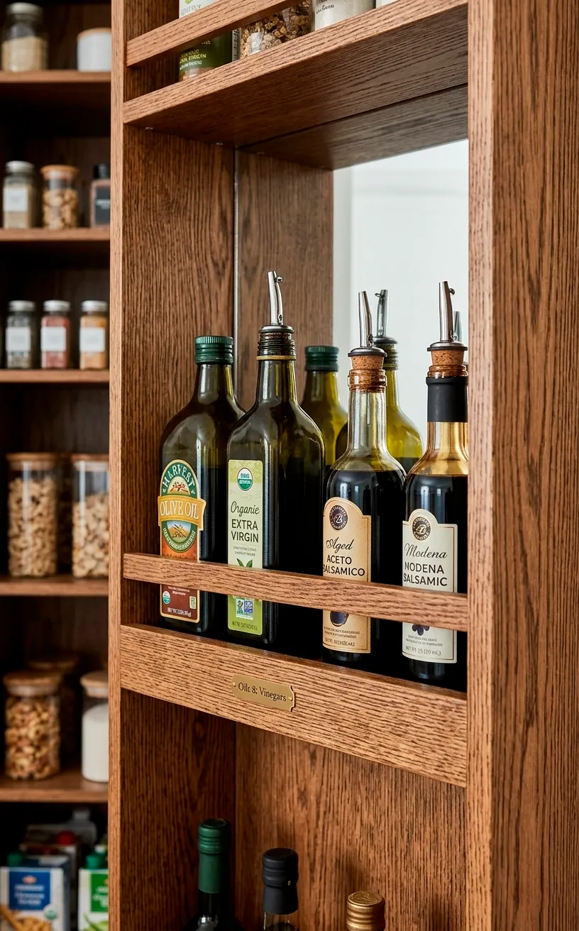 Close-up of a door-mounted wooden rack holding oil and vinegar bottles.