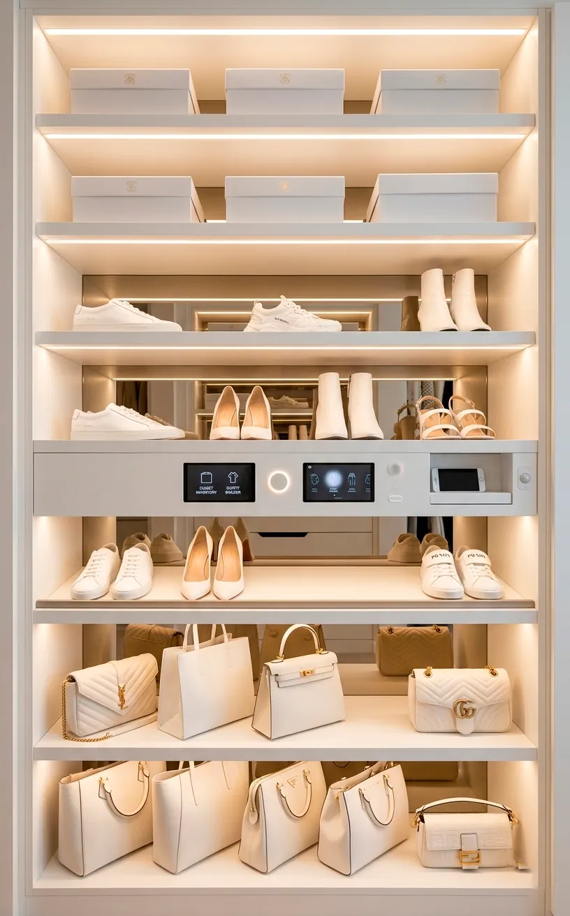 Wardrobe with integrated LED shelf lighting highlighting luxury white accessories.