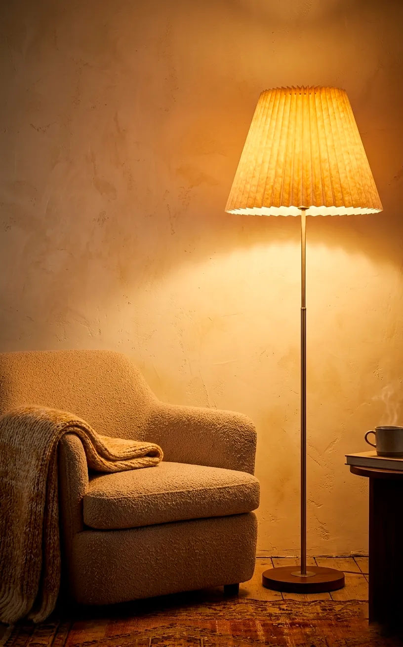 Warm paper floor lamp creating a cozy evening atmosphere in a den.