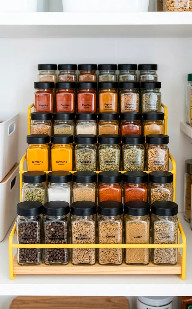Tiered yellow spice rack organizer with glass jars in a pantry.