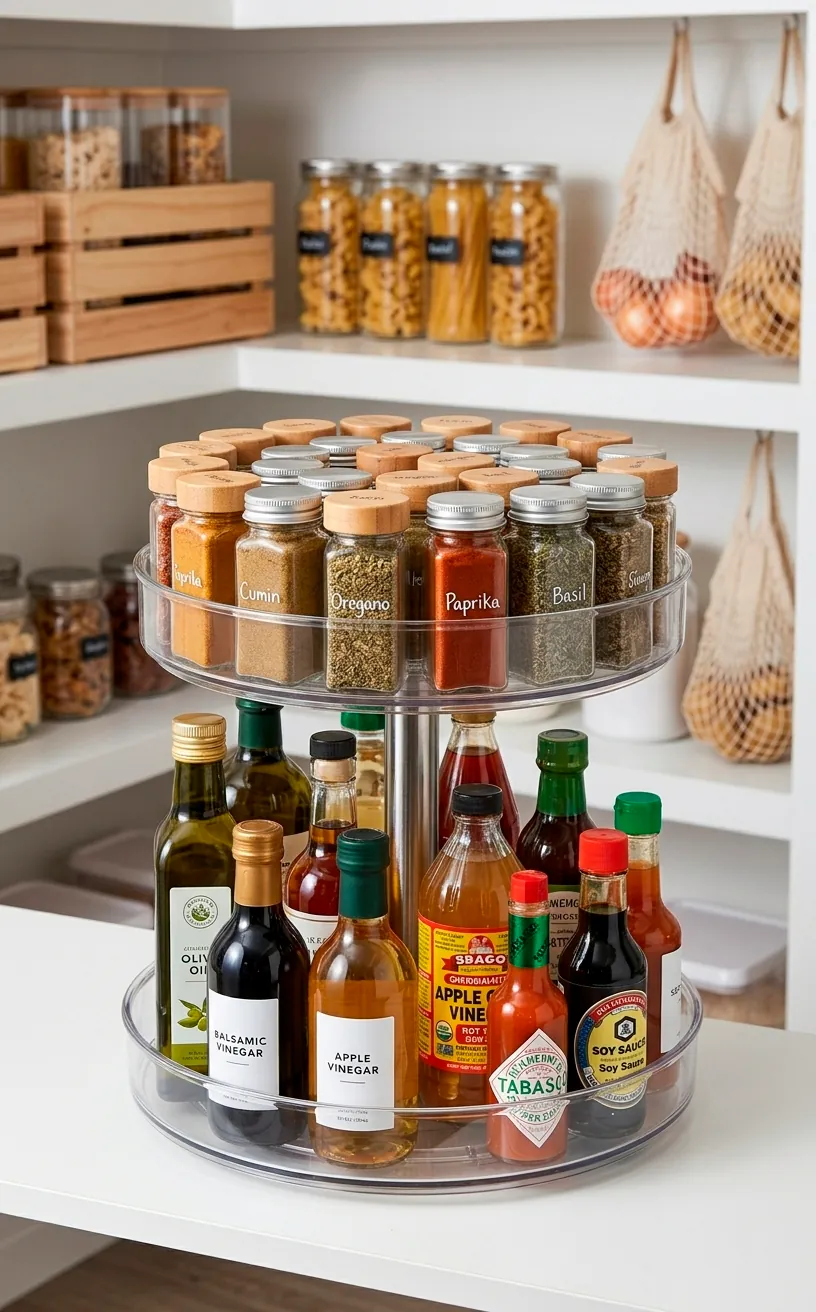Two-tier pantry turntable for efficient spice and condiment storage.