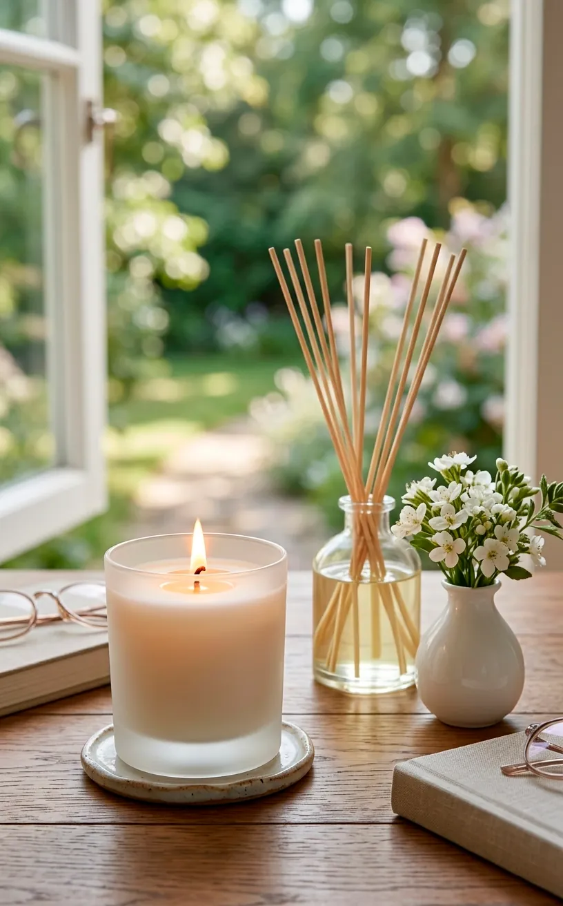 Summer-scented candle and reed diffuser on a desk with small white flowers.