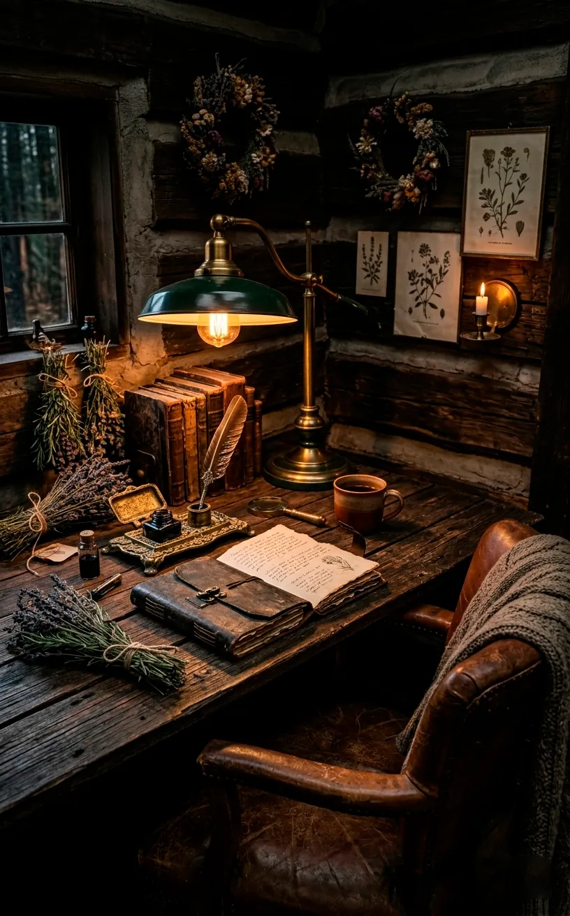 Weathered brown leather chair at a dark wood desk with antique accessories.