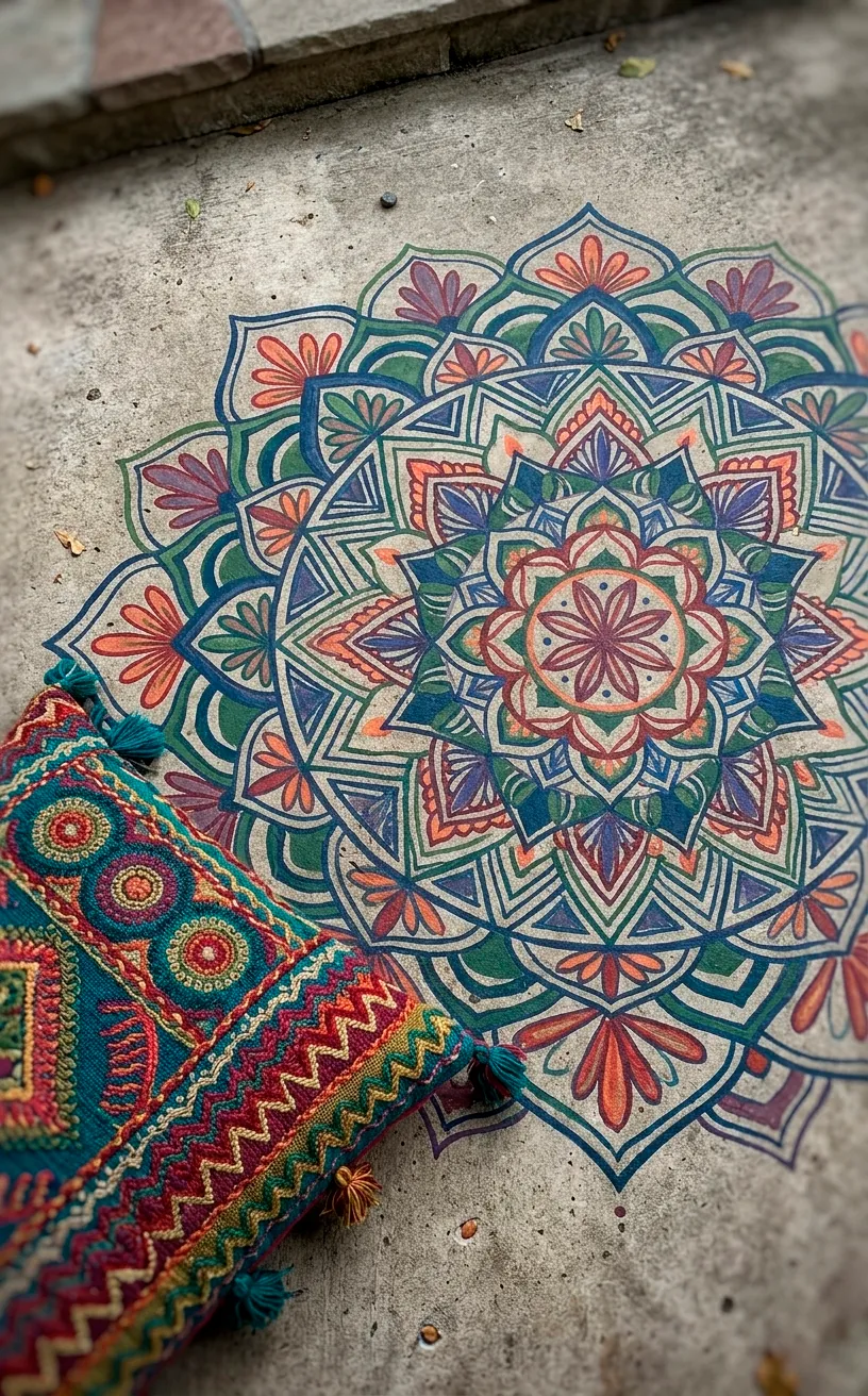 Detailed view of an intricate painted mandala pattern on concrete.