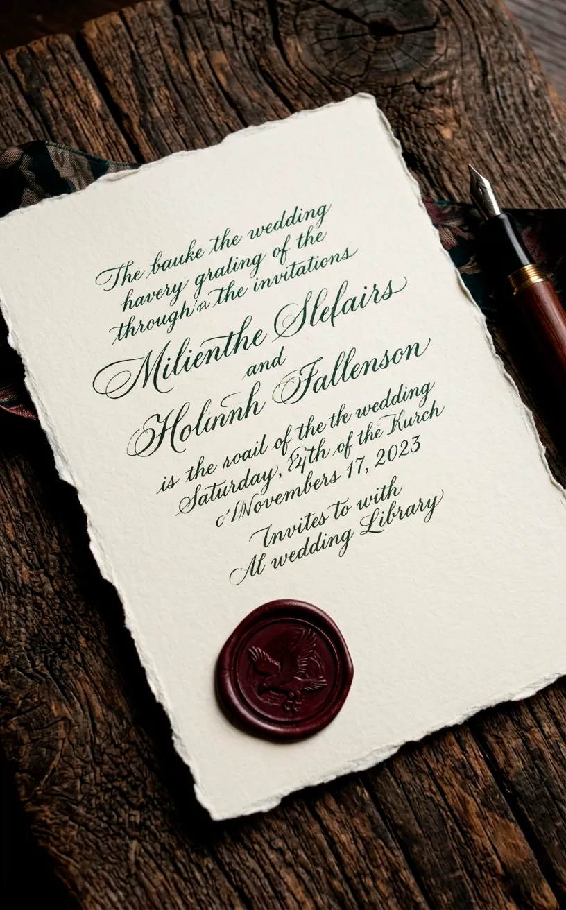 A dark academia wedding invitation with deckled edges and a red wax seal.