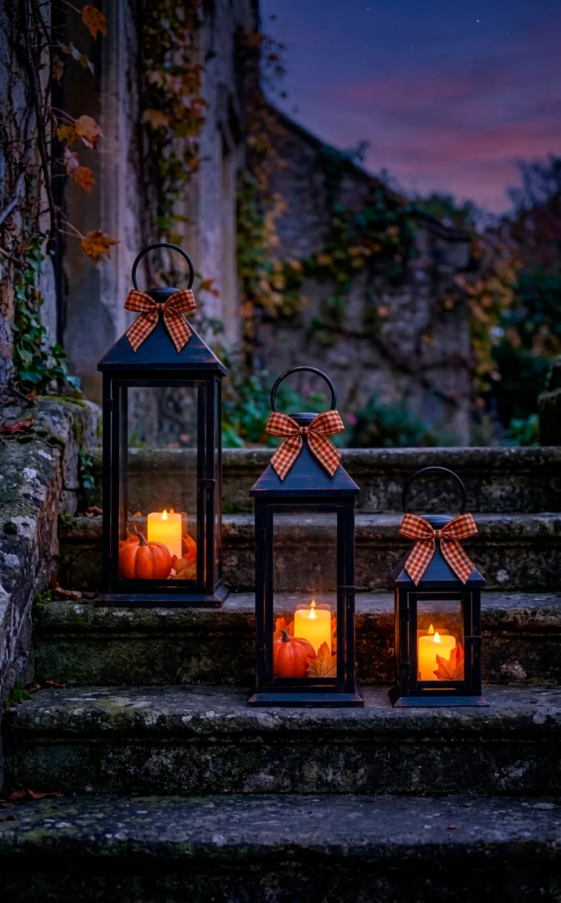 Black lanterns with pumpkins and plaid ribbon bows on stone porch steps.