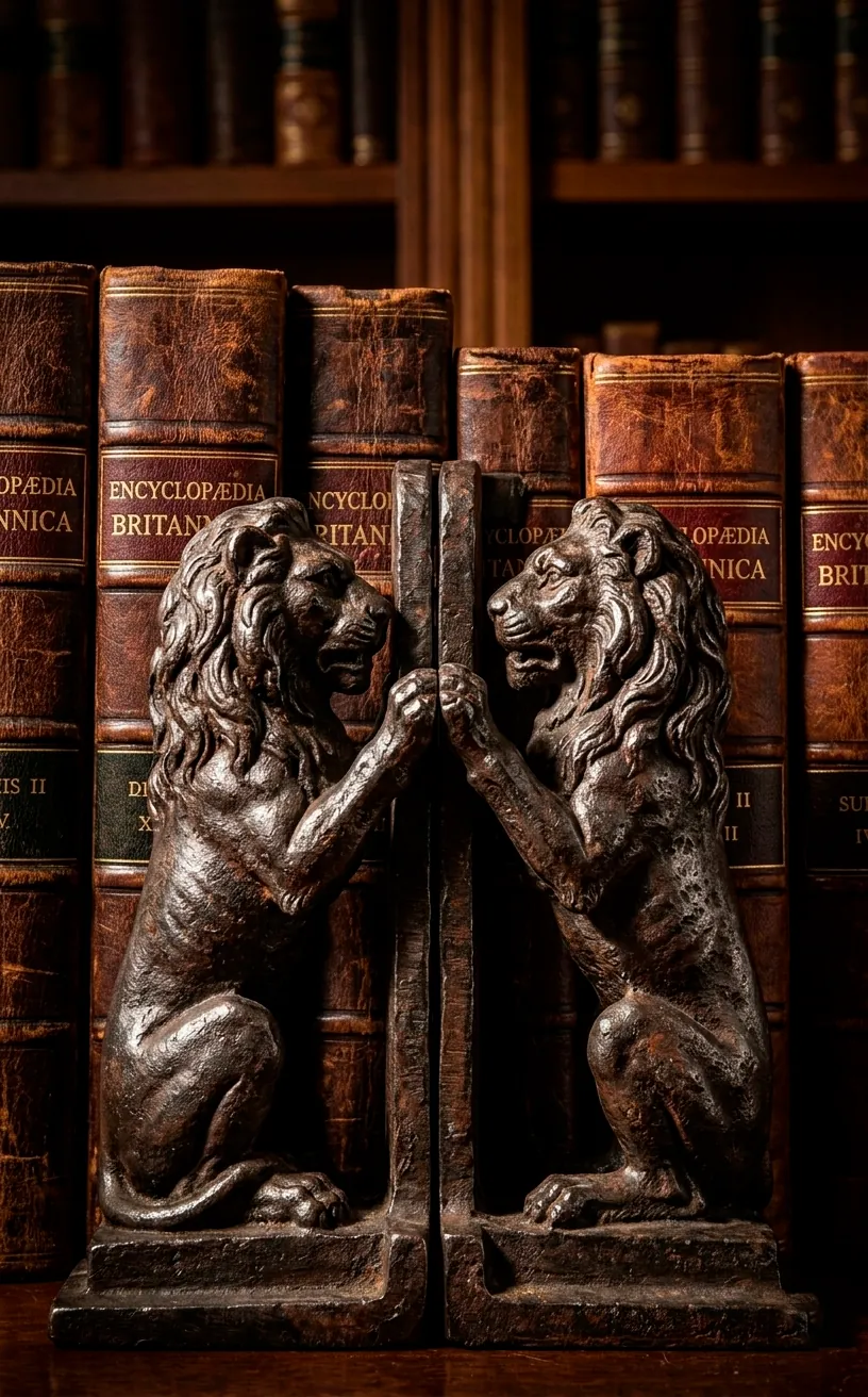 Heavy iron lion bookends on a library shelf.